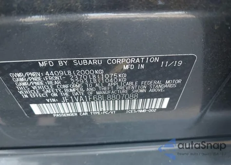 2020 Subaru Wrx Premium из США, поврежденный, VIN JF1VA1F68L8807088